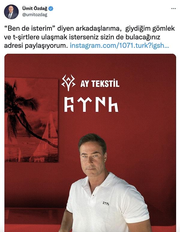 Şimdi ise Ümit Özdağ, Twitter'da yaptığı paylaşımla 300 TL'ye Göktürkçe Türk yazan gömlek ve tişört satmaya başladıklarını duyurdu.