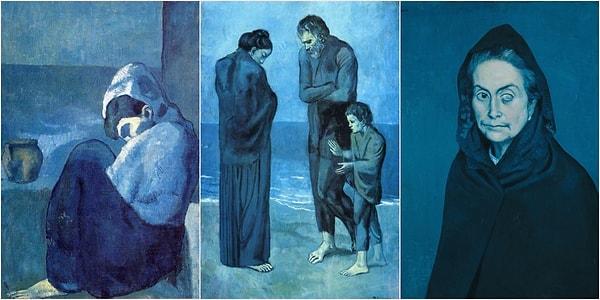 Bu dönemde sadece mavinin tonlarını kullanan Picasso, ruh halindeki bu dramatik değişimi ve deneyimlediği bunalımı, eserlerine bu şekilde yansıtmayı tercih etmiştir.
