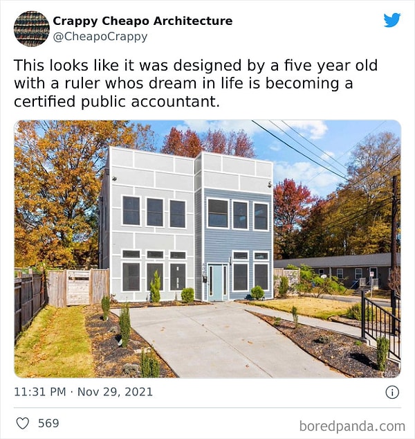 4. Выглядит так будто рисунок дома пятилетнего ребенка, которому еще дали линейку, каким-то образом воплотился в жизнь...