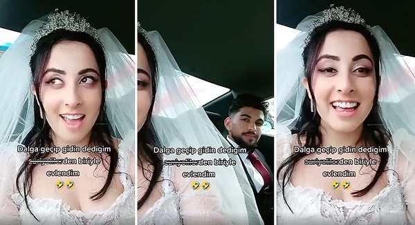 Gelinliği ile aracın arkasında oturan kadın yanındaki eşini göstererek çektiği videoya 'Dalga geçip gidin dediğim Suriyelilerden biriyle evlendim' yazdı.