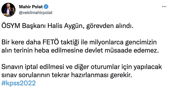 Halis Aygün'ün görevden alınması da sosyal medyada büyük yankı uyandırdı. Kullanıcılar ve KPSS mağdurları sınavın akıbetini sordu ve iddiaların araştırmasını istedi.