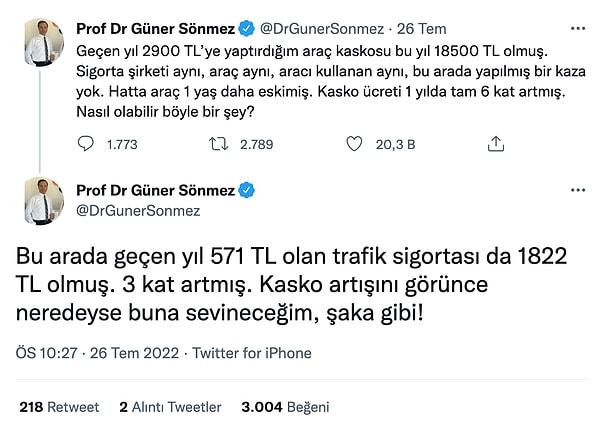 Prof Dr Güner Sönmez de fahiş artışlara isyan eden vatandaşlardan sadece biri. Ufak bir arama yaptırdığınızda Sönmez'in yalnız olmadığını hatta diğer teklifleri göz önüne aldığınızda şanslı olduğunu görüyoruz.