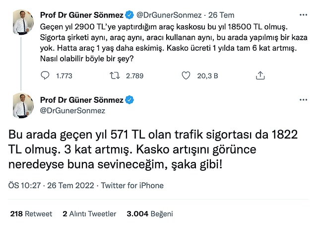 Prof Dr Güner Sönmez de fahiş artışlara isyan eden vatandaşlardan sadece biri. Ufak bir arama yaptırdığınızda Sönmez'in yalnız olmadığını hatta diğer teklifleri göz önüne aldığınızda şanslı olduğunu görüyoruz. Prof Dr Güner Sönmez de fahiş artışlara isyan eden vatandaşlardan sadece biri. Ufak bir arama yaptırdığınızda Sönmez'in yalnız olmadığını hatta diğer teklifleri göz önüne aldığınızda şanslı olduğunu görüyoruz.