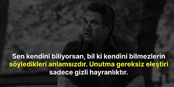 "Sen kendini biliyorsan, bil ki kendini bilmezlerin söyledikleri anlamsızdır. Unutma gereksiz eleştiri sadece gizli hayranlıktır."