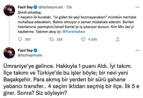 Maçın ardından ise Fazıl Say'ın Ümraniyespor hakkında 'Para akmış bir yerden bir sürü şahane yabancı transfer.. 4 seçim iktidarı seçmiş bir ilçe' yorumu sosyal medyada çok konuşulmuştu.