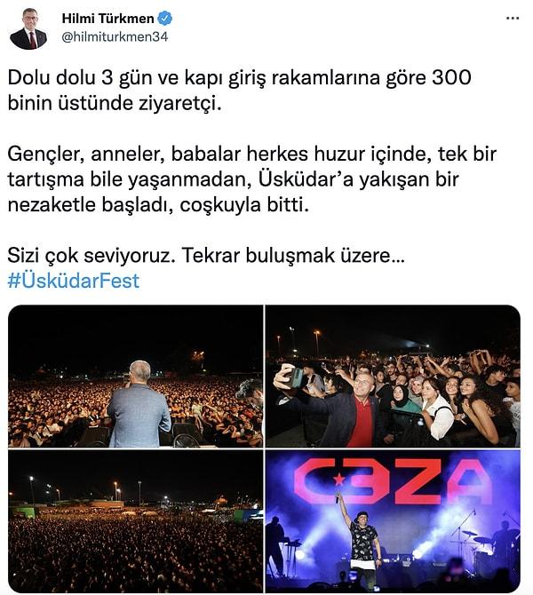 Üsküdar Belediye Başkanı Hilmi Türkmen ise 3 gün süren festivalin ardından Twitter'da yaptığı paylaşımla 300 bin kişinin üzerinde vatandaşın alanı doldurduğunu belirtti.