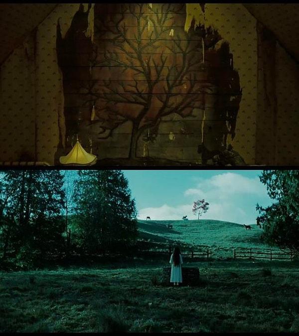 3. Halka (2002) filmindeki duvarda alevli yaprakları olan bir Japon çınarı görebilirsiniz. Bu ağaç 'samara' adında meyveler verir ve başroldeki televizyonun içinden sürüne sürüne çıkan karakterin adı Samara Morgan'dır.