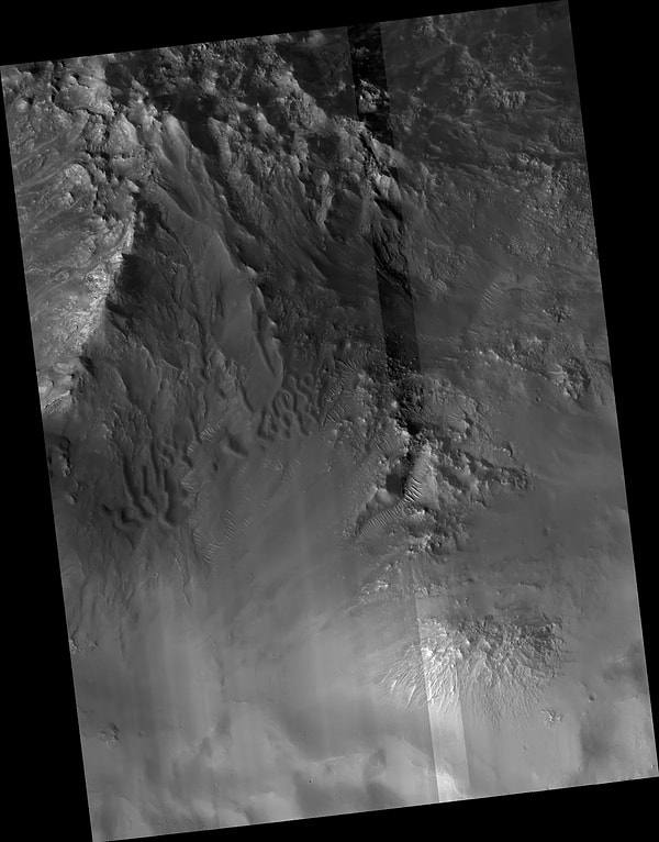 "Transverse Aeolian Ridges" (TAR) olarak bilinen en büyük zirveler çok iri taneli kumlarla kaplıdır.