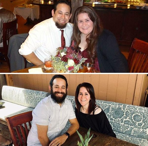 7. "Bu fotoğrafları aynı restaurantta 2 yıl arayla çektirdik. O 40 kg ben 61 kg verdim."