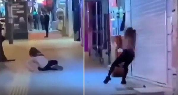 O kadın daha sonra yerden kalkıp koşmaya başladığı sırada bir dükkanın kepengine çarparak yere yığılıyor.