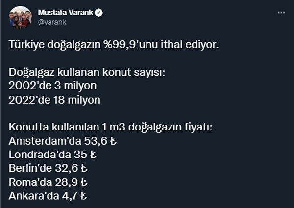 Bakan, ilk paylaşımında Türkiye'nin doğal gazını yüzde 99 oranında ithal ettiğini belirterek 20 yılda artan kullanıcı sayılarını verdi.