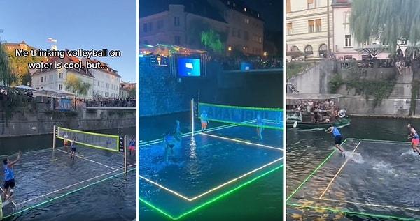Sosyal medyada paylaşılan bir videoda, suyun üzerine kurulan yapı ile su voleybolu oynayan insanları görüyoruz. Gece de çizgilerin belirginleşmesi ile oynanabilen su voleybolu oldukça güzel gözüküyor...