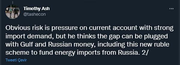 "Açık olarak güçlü ithalat talebi ve cari açık üzerindeki baskı da Rusya'dan enerji ithalatını finansmanı ile etmek ruble planının uygulanması ve Körfez ile Rusya'dan girişlerle kapatılması planlanıyor."