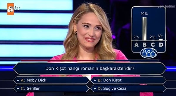 Beykent Üniversitesi'nde tam burslu Dış Ticaret bölümünü okuyan yarışmacı '' Don Kişot hangi romanının baş karakteridir'' sorusunda joker hakkını kullandı ve seyircilerin %90'ı Don Kişot yanıtını verdi.