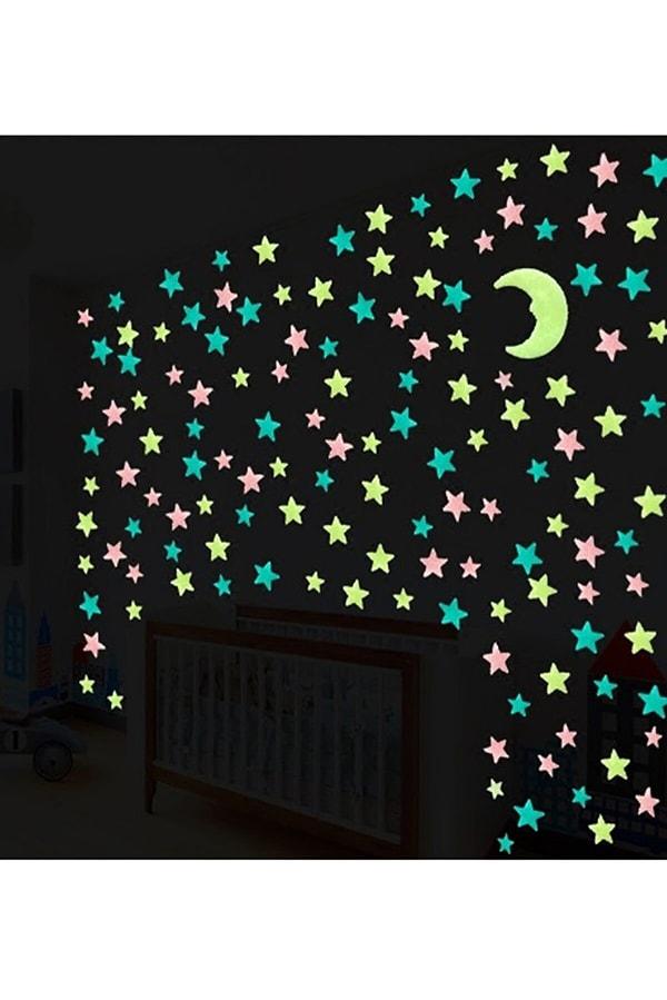 7. Fosforlu Yıldız Ay Gezegen Gökyüzü Çocuk Odası Duvar Sticker