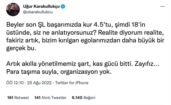 Spor yorumcusu Uğur Karakullukçu ise, Şampiyonlar Ligi’ndeki başarısızlığa dikkat çekerken, Dolar ve TL kuruna da vurgu yaptı.