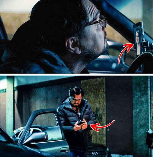 Aynı filmde, Leonardo DiCaprio'nun karakteri telefonunu arabada bırakıyor. Ama arabasından iner inmez bir de görüyoruz ki telefonunu cebinden çıkarıyor!