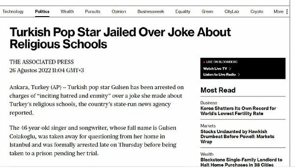 Bloomberg de Gülşen'in tutuklama haberine yer veren yayın kuruluşları arasında yer aldı.