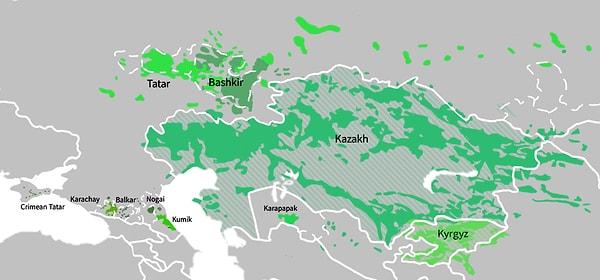 Kıpçak dil grubunun konuşulduğu bölge ise çok daha büyük bir coğrafyaya yayılıyor.
