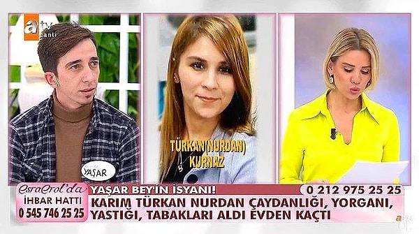 9 yıllık eşi Türkan'ı aramak için annesi ile Esra Erol'a başvuran Yaşar, eşinin 10. kez evden kaçtığını söyledi. Yine evden kaçan Türkan'ın eşi Yaşar'a da şiddet uyguladığı ortaya çıktı.
