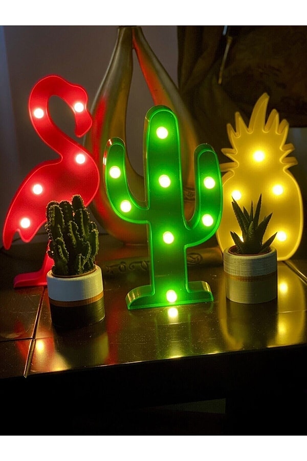 3. Led Işıklı Dekoratif Flamingo, Ananas, Kaktüs Gece Lambası Seti