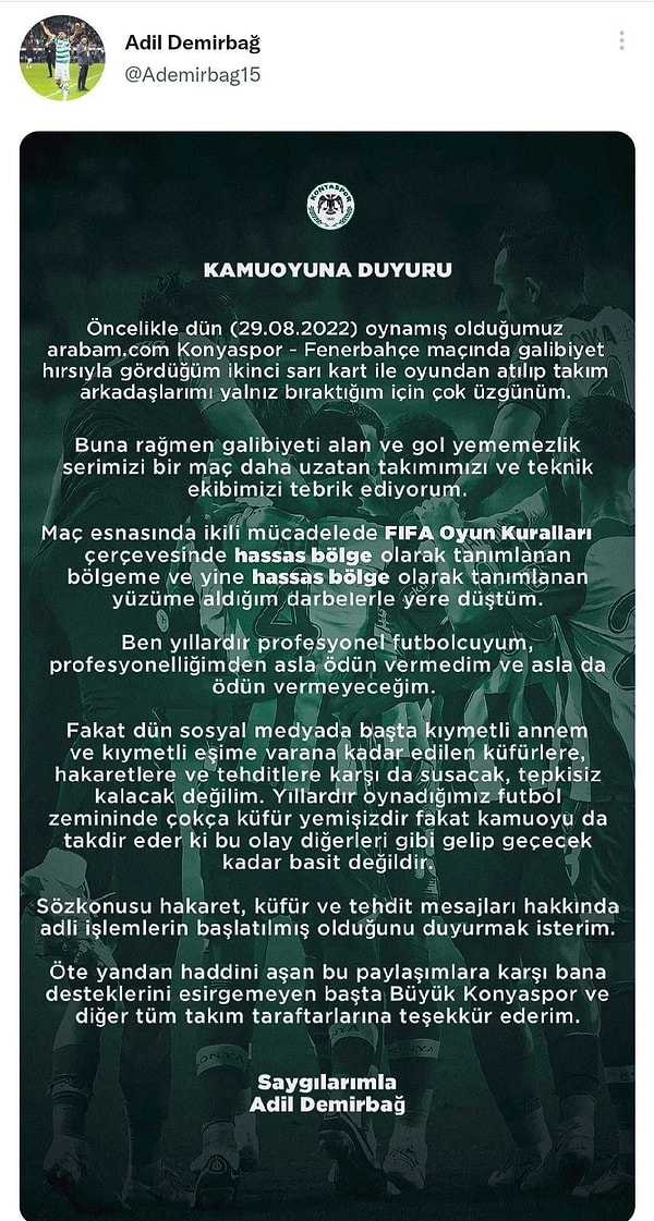 Adil Demirbağ yaptığı açıklama ile ilgili kişiler için adli işlemlerin başlatılmış olduğunu duyurdu.