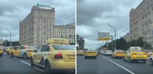Rusya'da oldukça popüler olan Yandex Taksi uygulamasının hacklendiği iddia edilirken, paylaşılan görüntülerde de Moskova'daki bir cadde üzerinde yüzlerce taksi görülüyor.