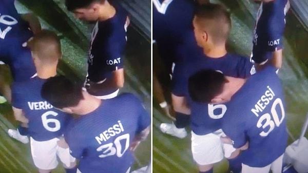 PSG - Toulouse maçı öncesinde şortunda bir sıkıntı çıkan Verratti takım arkadaşından yardım istedi. Veratti'nin kalçasını açarak şortundaki etiketi düzelten Messi'nin o görüntüleri kameralara yansıyınca sosyal medyada çok konuşuldu.