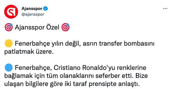 Dün akşam saatlerinde Ajansspor'un yaptığı özel haberde Fenerbahçe'nin Cristiano Ronaldo ile anlaştığı iddiası ülkemizde heyecan fırtınasına neden oldu.