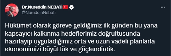 OVP'nin açıklanması sonrasında Hazine ve Maliye Bakanı Nureddin Nebati de bir flood yayınlayarak Twitter'da beklentileri yorumladı