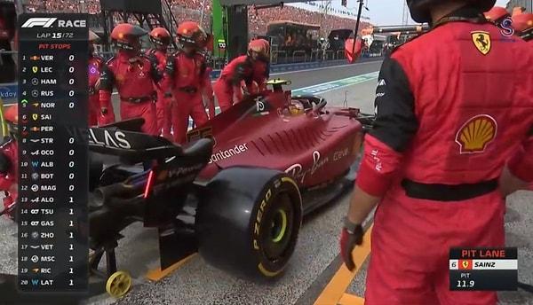 Yarışın kırılma anlarından birisi Carlos Sainz'ın pite geldiği andı. Ferrari pit için yalnızca üç tekerlek getirince İspanyol pilot çok zaman kaybetti.