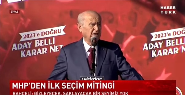 İlk mitingini Sivas'ta veren Devlet Bahçeli, "Hedefimiz Sayın Recep Tayyip Erdoğan'ın açık ara farkla cumhurbaşkanı seçilmesidir" derken sosyalist görüşleriyle bilinen toplumcu şair Adnan Yücel’in “Yeryüzü aşkın yüzü oluncaya dek” adlı şiirinden “Bin kez budadılar körpe dallarımızı/ bin kez kırdılar. / Yine çiçekteyiz işte yine meyvedeyiz” dizelerini Pir Sultan Abdal’a ait olduğunu sanarak okudu.