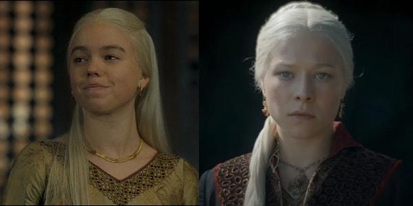Dizinin anlatıcısı rolündeki Rhaenyra Targaryen'in farklı zamanlardaki hallerini görüyoruz.