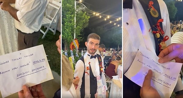 Damadın arkadaşı, düğünde damada takı olarak, 'Düğünde takılan takılar kadının malıdır' yazılı Yargıtay kararının olduğu kağıdı taktı.