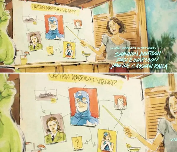19. She-Hulk kapanış jeneriğinde, Jen'in Steve'in seks hayatı için Peggy’yi ve sarışın bir kadını içeren bir diyagram oluşturduğunu görüyoruz.