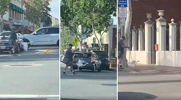 Ördek dostuna tasma takan adam, karşıdan karşıya geçerken uçmaya çalışan ördeği tasma yardımıyla havada tutarken görülüyor.