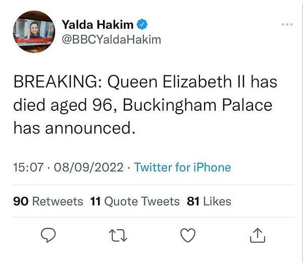 BBC World News' Impact sunucusu ve muhabir Yalda Hakim, 96 yaşındaki Kraliçe II. Elizabeth’in öldüğünü iddia eden bir paylaşım yaptı.