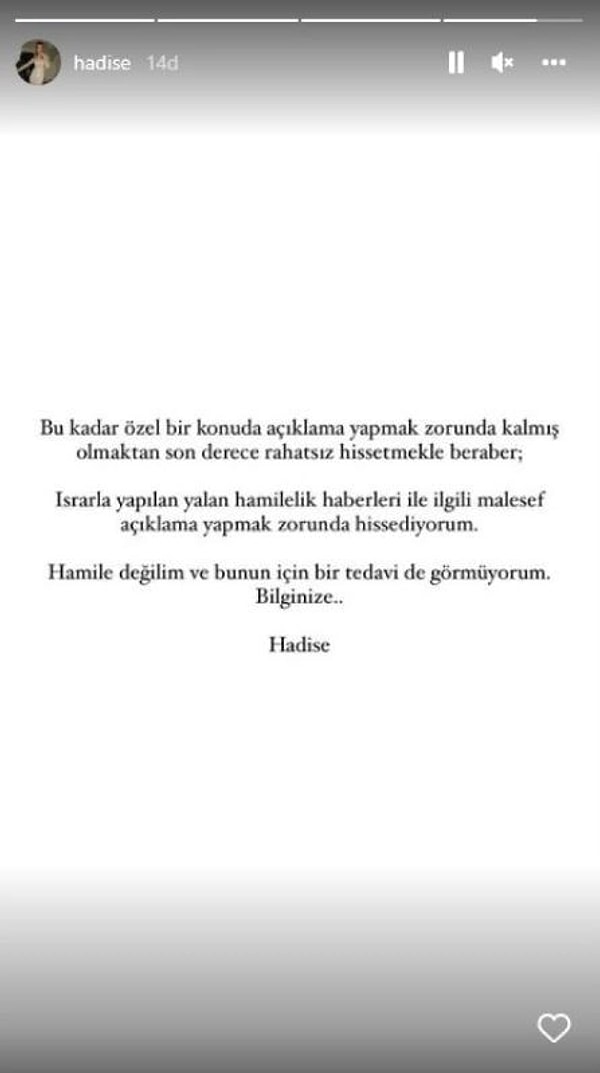 Çıkan haberlerden dolayı rahatsız olduğunu belli eden Hadise “Hamile değilim, tedavi de görmüyorum” dedi.