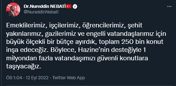 Nebati, Hazine desteğiyle 1 milyondan fazla vatandaş için toplam 250 bin konut inşa edileceğini açıkladı