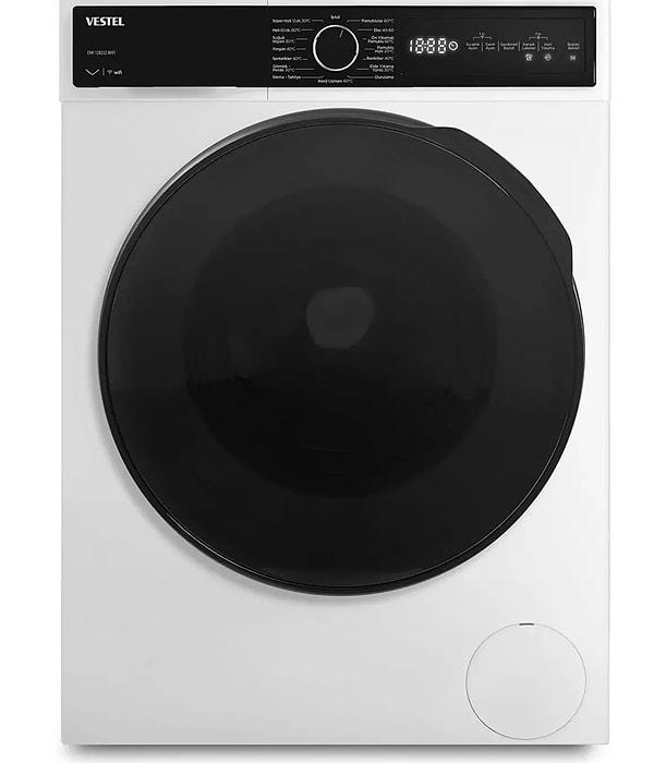 4. Beyaz tasarım siyah konsol ve kapaklı 12 kg kapasiteli Vestel çamaşır makinesi.
