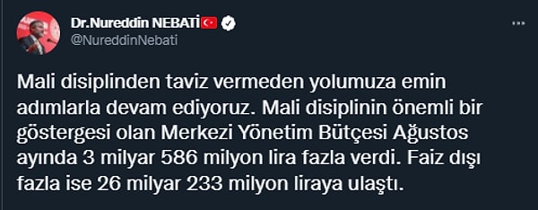 Hazine ve Maliye Bakanı Nureddin Nebati, bütçe rakamlarına ilişkin Twitter hesabından değerlendirmede bulundu. Mali disiplinden taviz vermeden emin adımlarla yola devam ettiklerini söyledi.