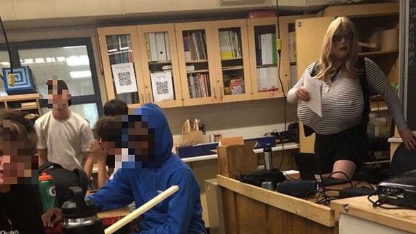 Kanadada bir lisede büyük protez göğüsler takan erkek öğretmenin fotoğraf ve videoları viral oldu.