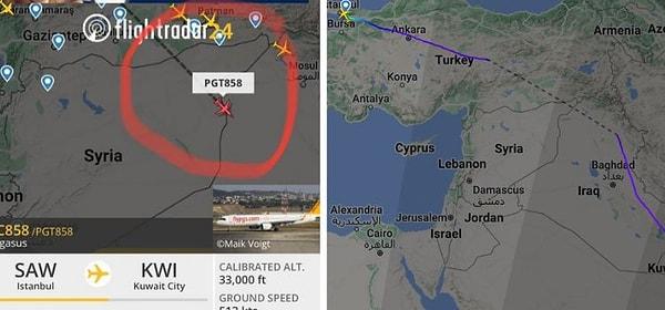 7. İddia: Türkiye'den hareket eden uçak Suriye hava sahasını kullanarak Kuveyt'e gitti.
