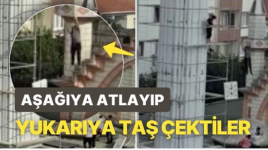 Minare İnşaatında Tehlikeli Anlar! Aşağıya Atlayıp Yukarıya Taş Çektiler