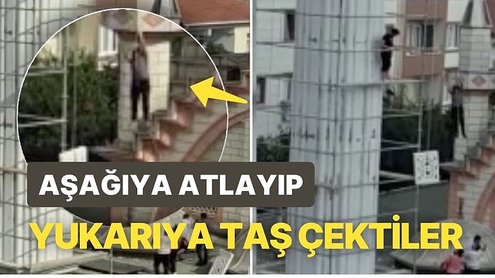 Minare İnşaatında Tehlikeli Anlar! Aşağıya Atlayıp Yukarıya Taş Çektiler