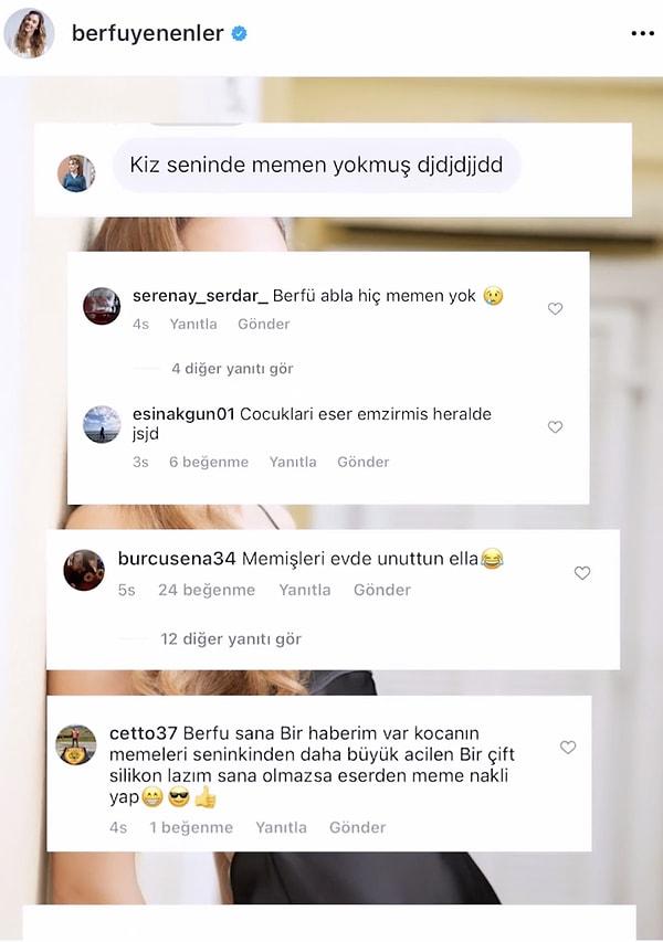 Berfu Yenenler son olarak kendisine "Memen yok" diyen takipçilerini tiye aldı ve güldüren bir videoyla bu yorumlara cevap verdi!