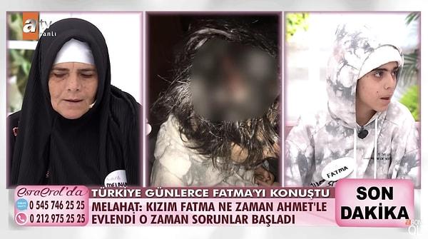 ATV ekranlarında yayınlanan Esra Erol'da programına Fatma ve annesi Melahat Oruç yeniden katıldı. Geçtiğimiz Temmuz ayında doğum yapan Fatma, yaşadığı korkunç anları ve kimden, neden şiddet gördüğünü anlattı.