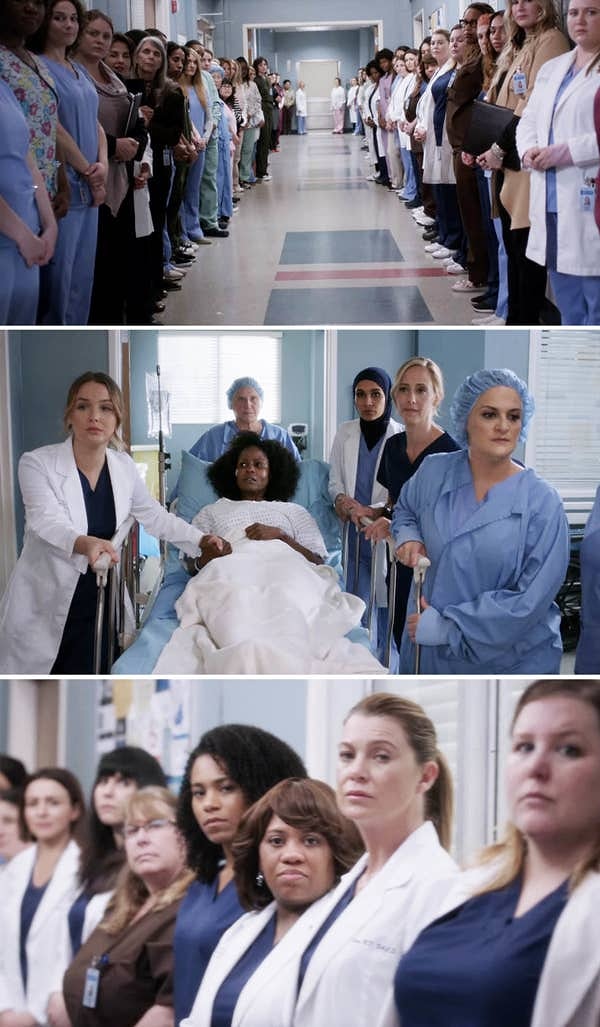 7. Grey's Anatomy'de, Grey Sloan'daki tüm kadınlar, cinsel saldırıdan kurtulan birini ameliyata yollamak için koridorda sıraya girdiğinde: