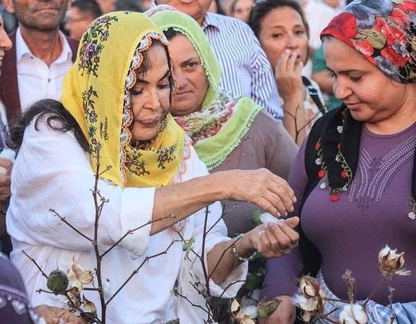 Pamuk hasadı etkinliğine katılan Şoray, hasat yapan kadın çalışanlarla birlikte tarlaya girerek pamuk topladı.