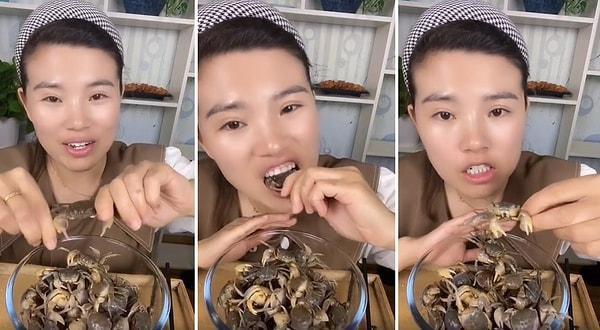TikTok'ta 10 milyon yakın izlenen videoda, yengeçleri ikiye bölen kadın canlı canlı yiyor.